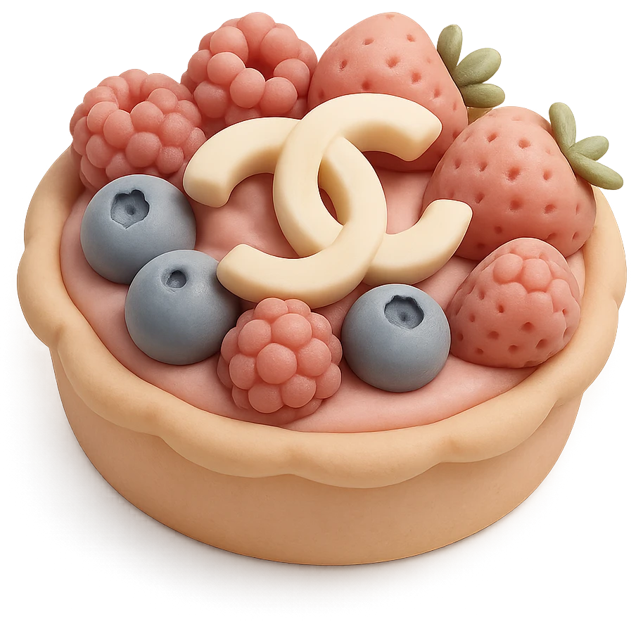 pastel Chanel tart with berries and a white chocolate logo, fondant cake art style emoji