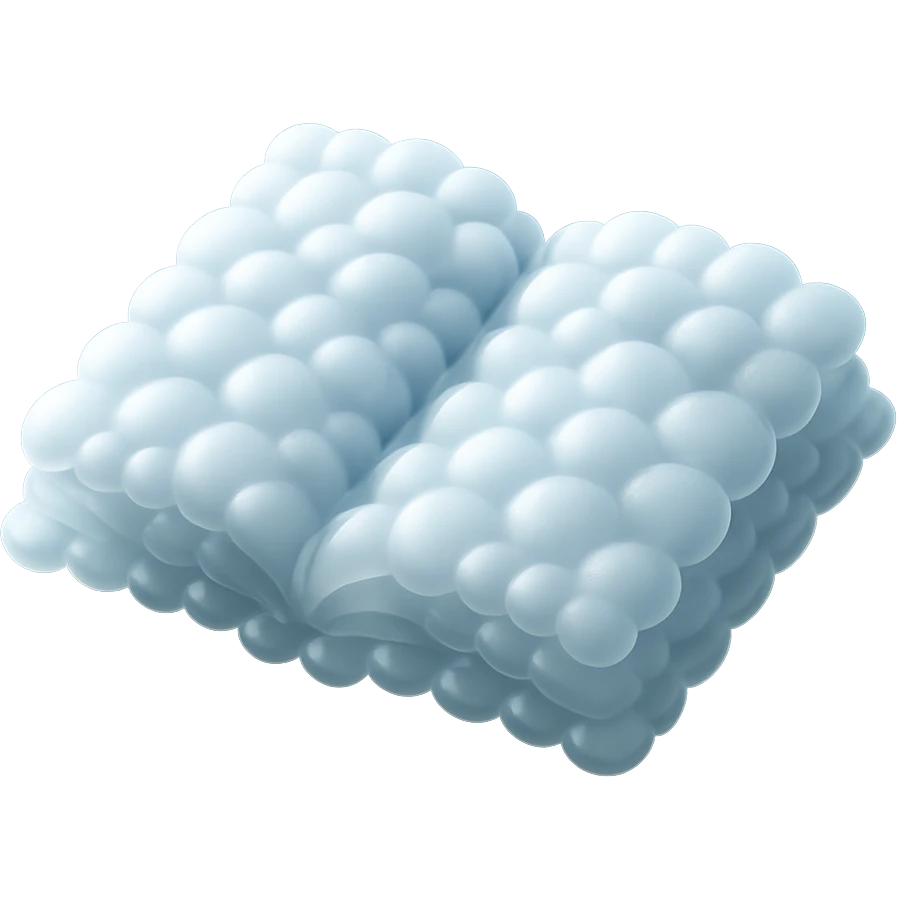 top view of a thick open book made entirely of small, very bright white fluffy convex clouds, matte glass style emoji