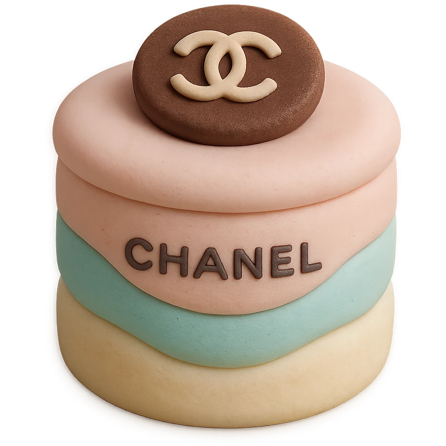 pastel Chanel mousse cup with a chocolate logo disk, fondant cake art style emoji