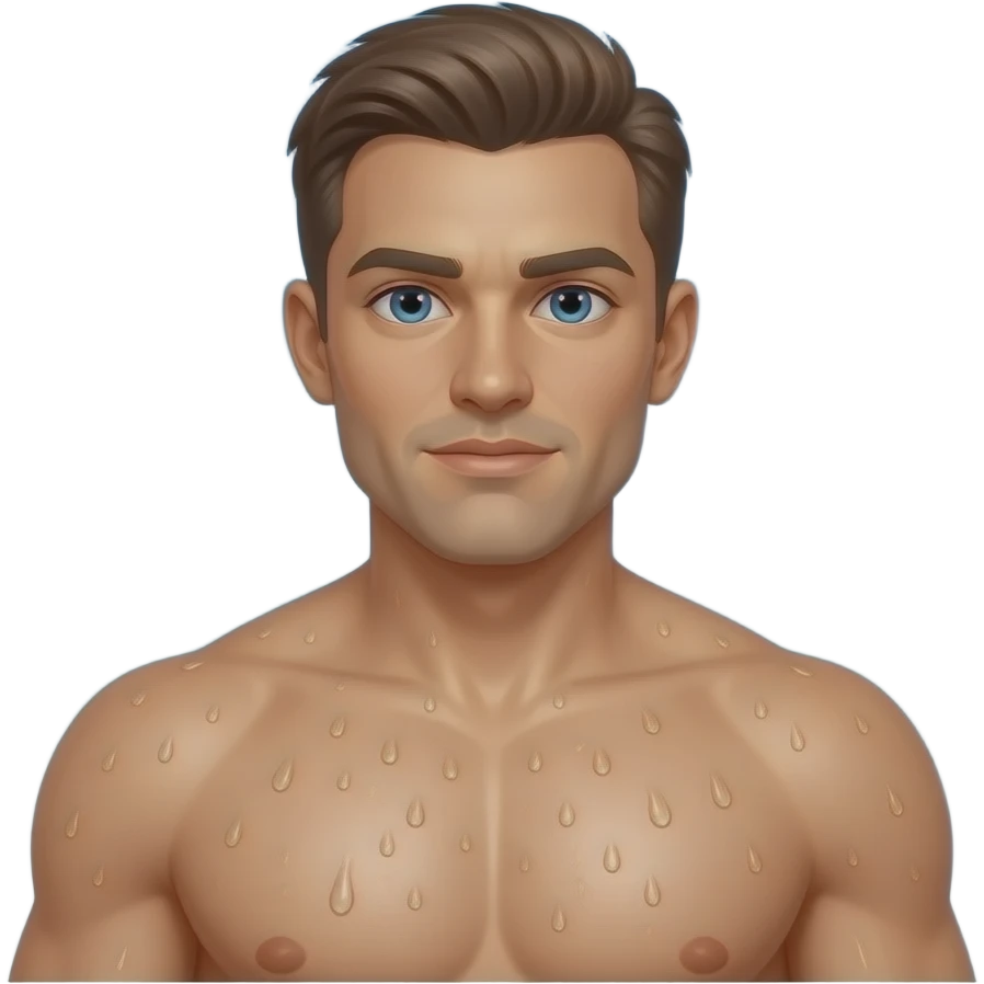 Eine Nahaufnahme ohne Kopf von einer männliche Brust, verschwitzt  glänzend, im Hintergrund  blauer Himmel und die Sonne scheint emoji