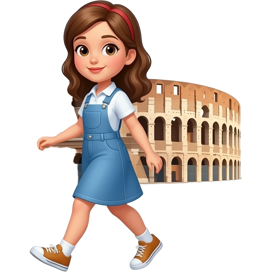 girl walking with the colloseum from rome behind, apple style emoji