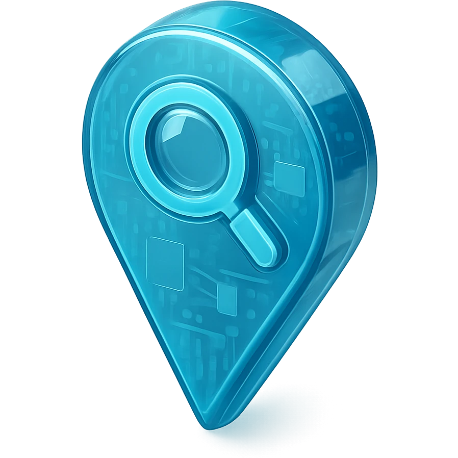 Icon of a map pin with a magnifying glass, cyan blue emoji