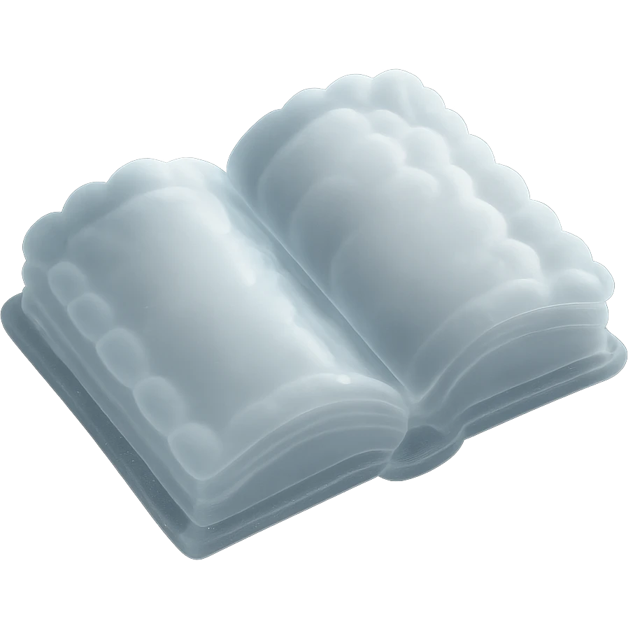 top view of a thick open book made entirely of small, very bright white fluffy convex clouds, matte glass style emoji