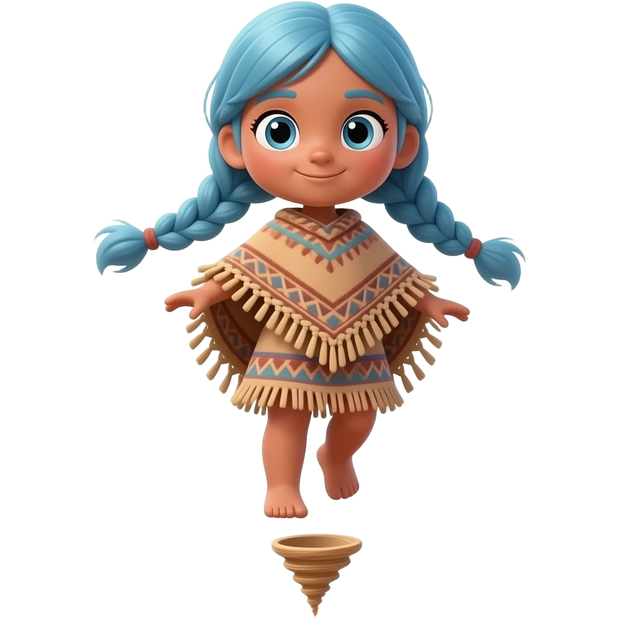 A chibi girl from a high-altitude canyon, full body, layered terracotta-clay skin, wearing a poncho woven from tough desert grass, with a cool effect of a mini dust-devil spinning like a top under her feet to lift her slightly off the ground, and braided sky-blue hair. emoji