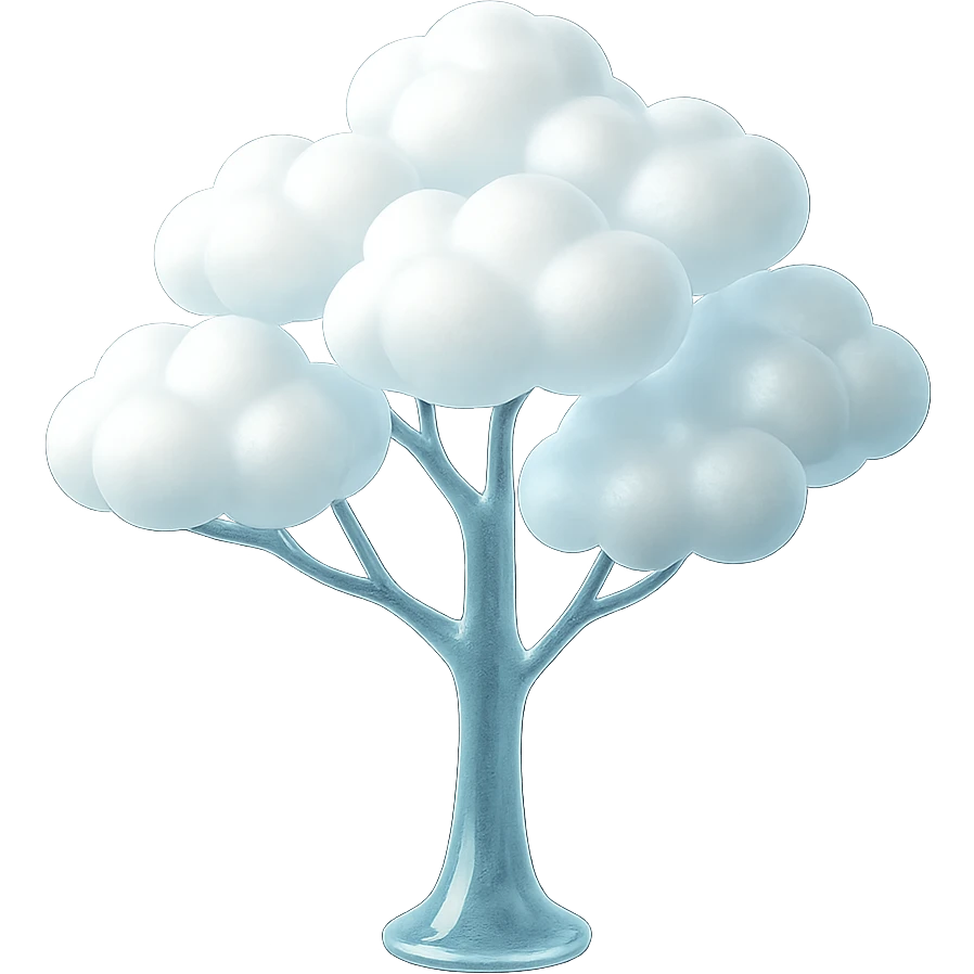 one tree with many branches and a white trunk, crown made of small very bright white fluffy convex clouds, matte glass style emoji