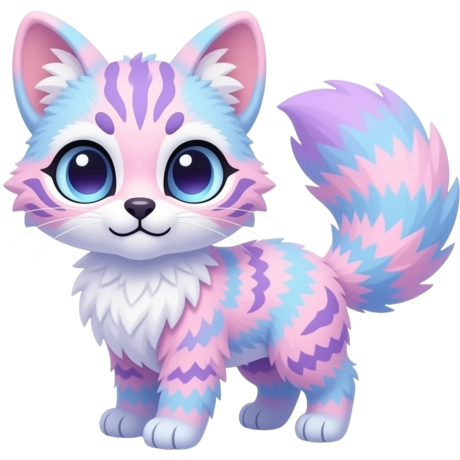 Cute kawaii cool edgy badass pastel cotton-candy pink-blue-purple gradient fluffy fur fantasy-civet-genet-vernid-Cacomistle-Trico-oncilla-Eevee-animal-Fakémon-hybrid-fursona (full body), facial markings, (realism style) emoji