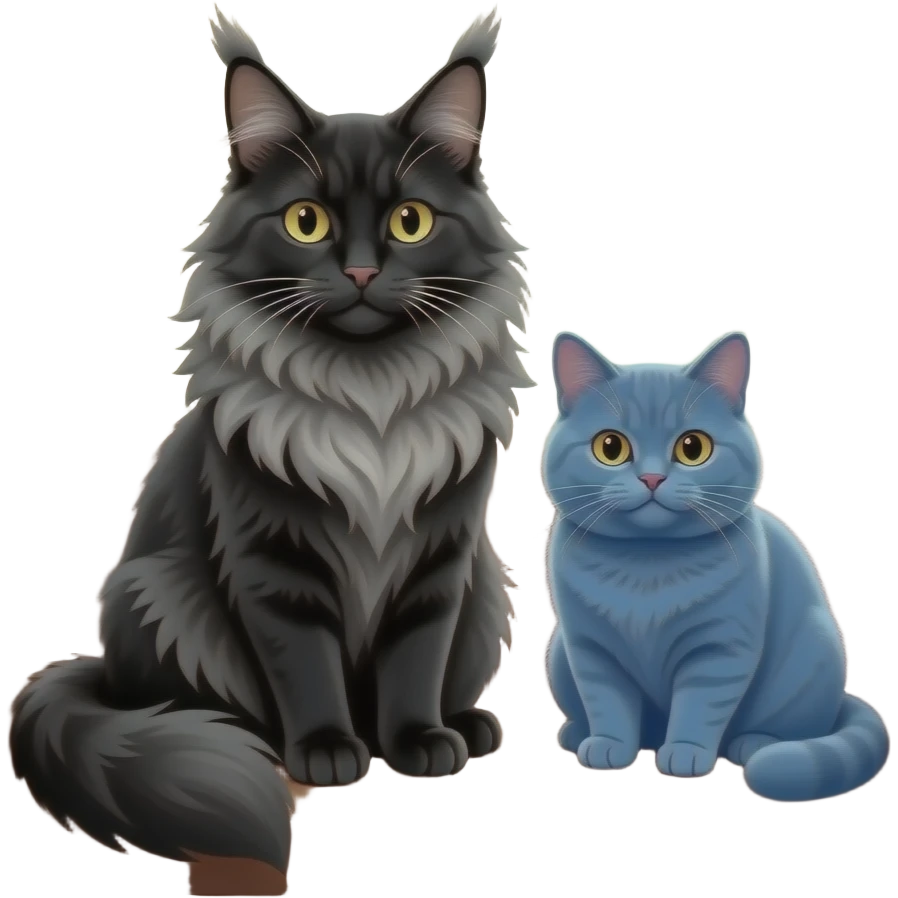 A large black smoke Maine Coon cat with long grey ear tufts and a fluffy grey ruff, sitting next to a chubby British Shorthair cat in blue color with plush fur, both sitting comfortably on a leather sofa. Beautiful room background with flowers and soft lighting. Transparent background. emoji