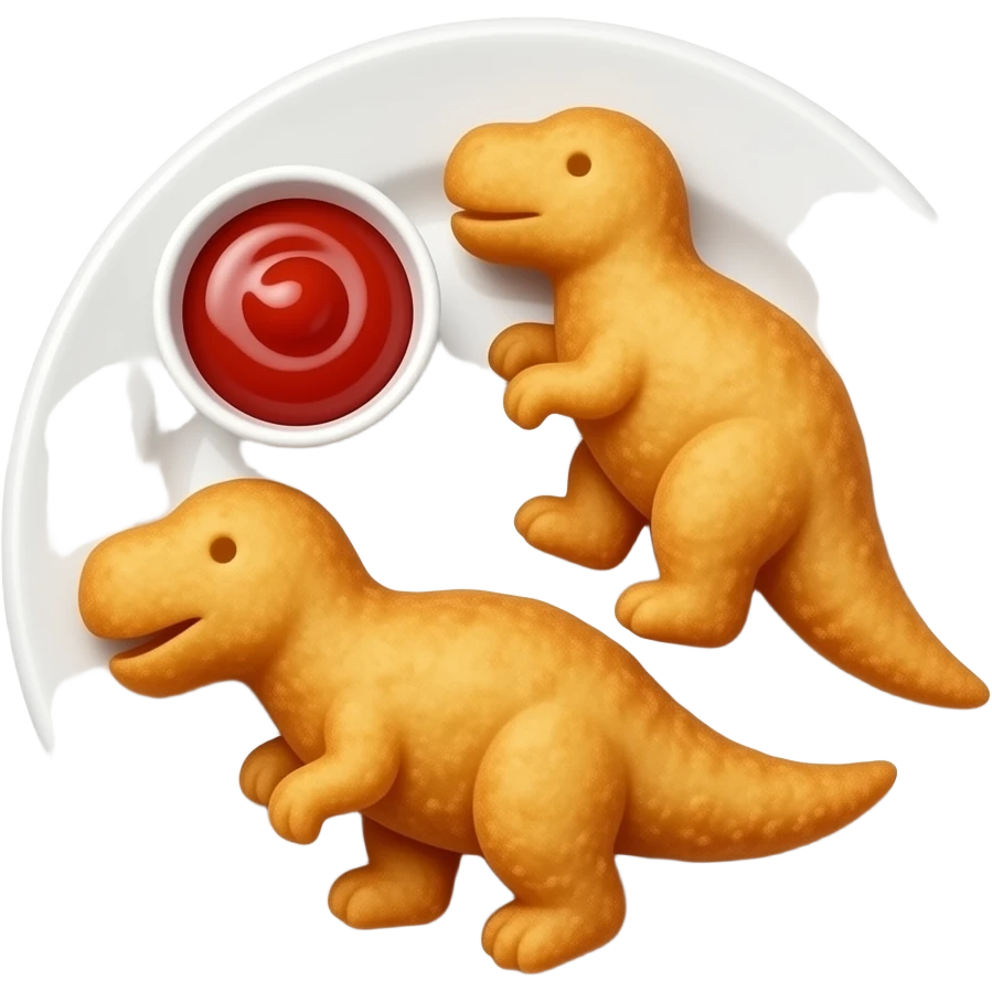 3 chicken nuggets shaped like dinosaurs laying flat on the plate and a little cup with ketchup on a white plate emoji