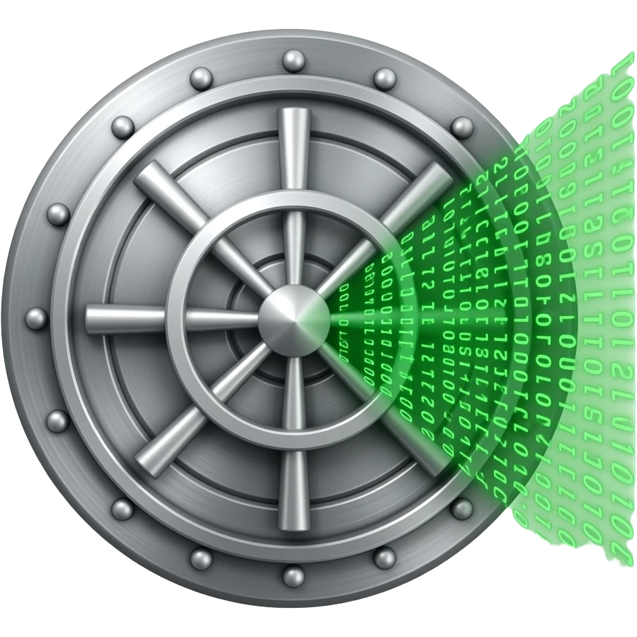 a vault with green computer code coming out as a logo emoji