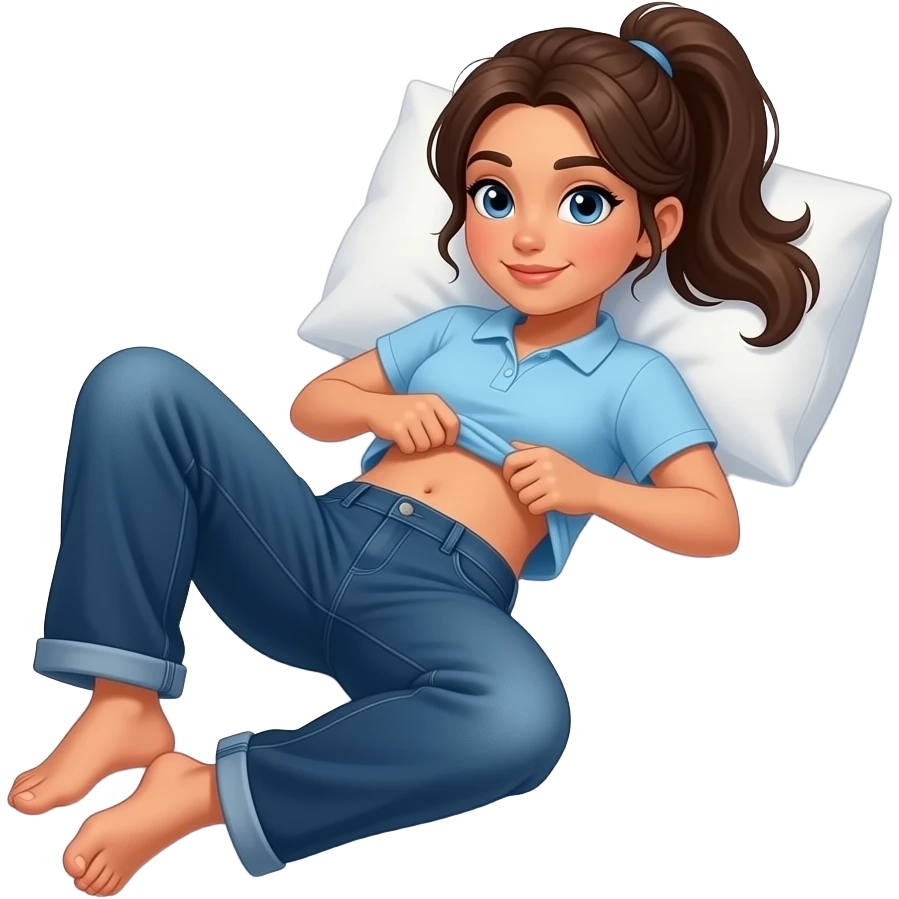 Hispanic girl with brown ponytail and blue eyes light blue and dark blue polo and dark blue baggy jeans and belly button laying down on her pillow on her bed showing her feet lifting her shirt all the way up showing belly rolls emoji