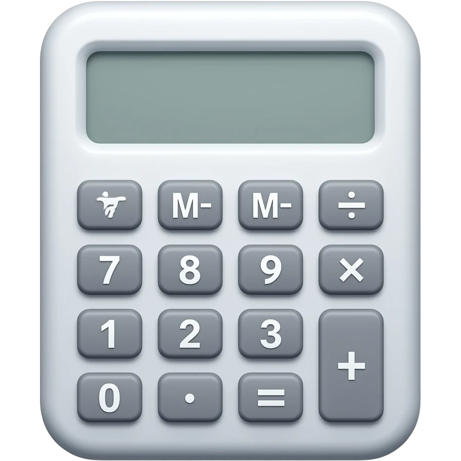 iOS-style emoji sticker of a calculator, cute minimal 3D glossy emoji style, simple rectangular device with rounded corners, small screen and basic buttons, clean design, centered composition, white or transparent background, soft lighting, no text, no extra objects. emoji