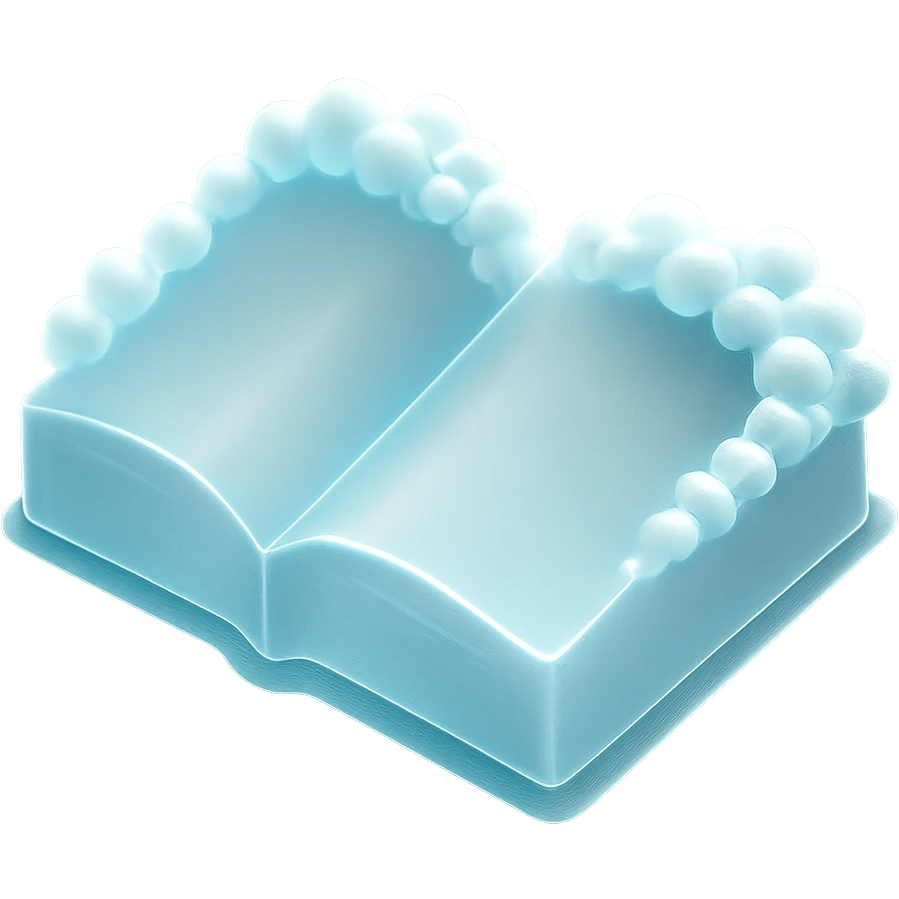 top view of a thick open book made entirely of small, very bright white fluffy convex clouds, matte glass style emoji