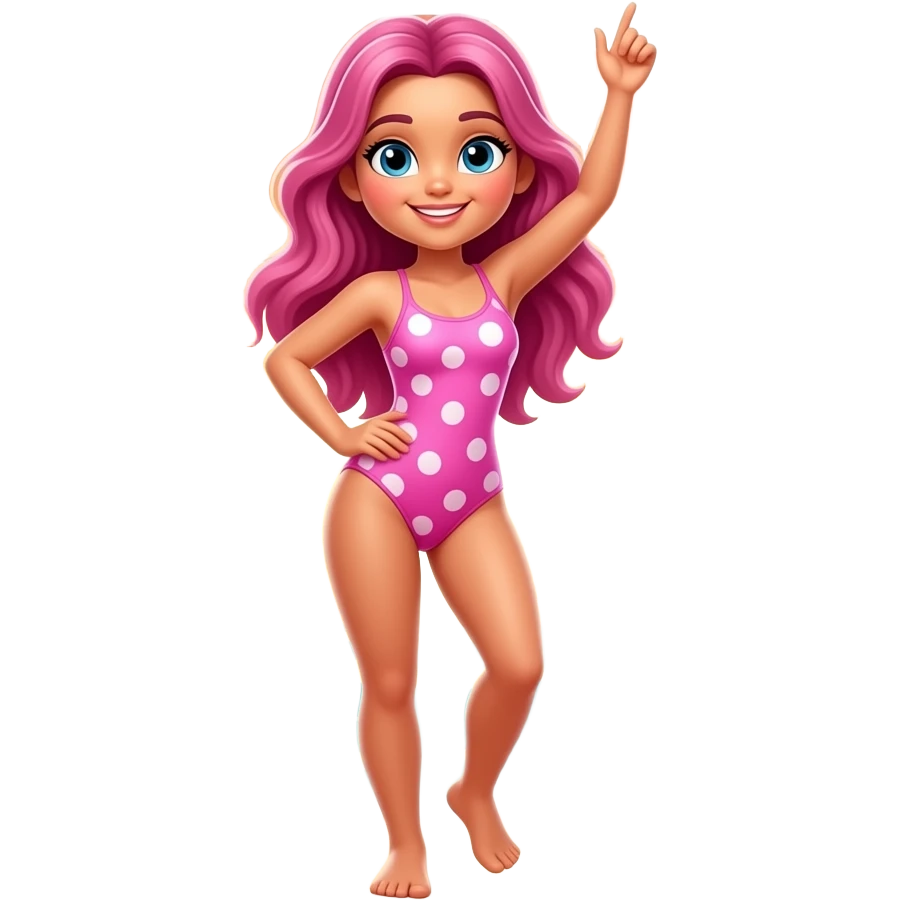 3d style in the sunset beach A pink Mrs girl dancing hawaiian wears a pink white Brown hair and pink dots in white gradient swimsuit white dots and pink big dots and white pink gradient corals and starbucks one piece swimsuit emoji