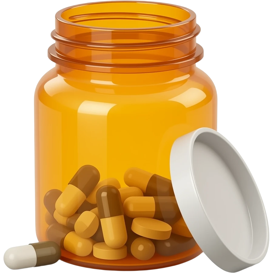 A orange clear bottle of pills with the white cap off emoji