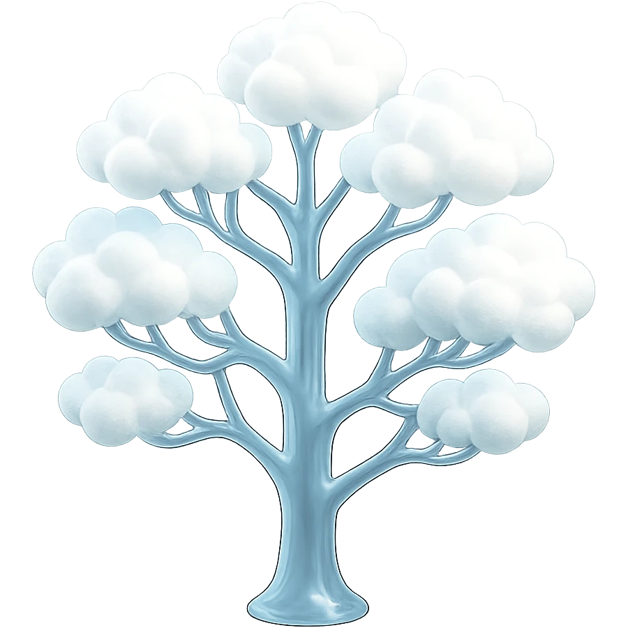one tree with many branches and a white trunk, crown made of small very bright white fluffy convex clouds, matte glass style emoji