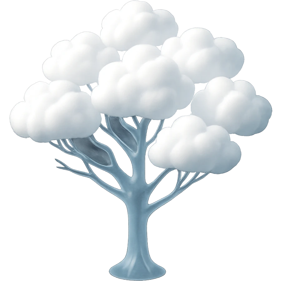 one tree with many branches and a white trunk, crown made of small very bright white fluffy convex clouds, matte glass style emoji