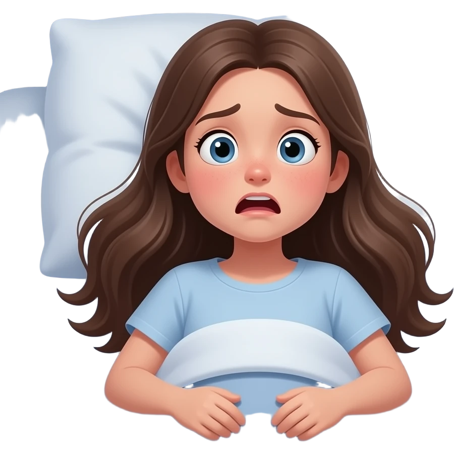 teen girl long hair in bed, wide awake, eyes open, scared emoji