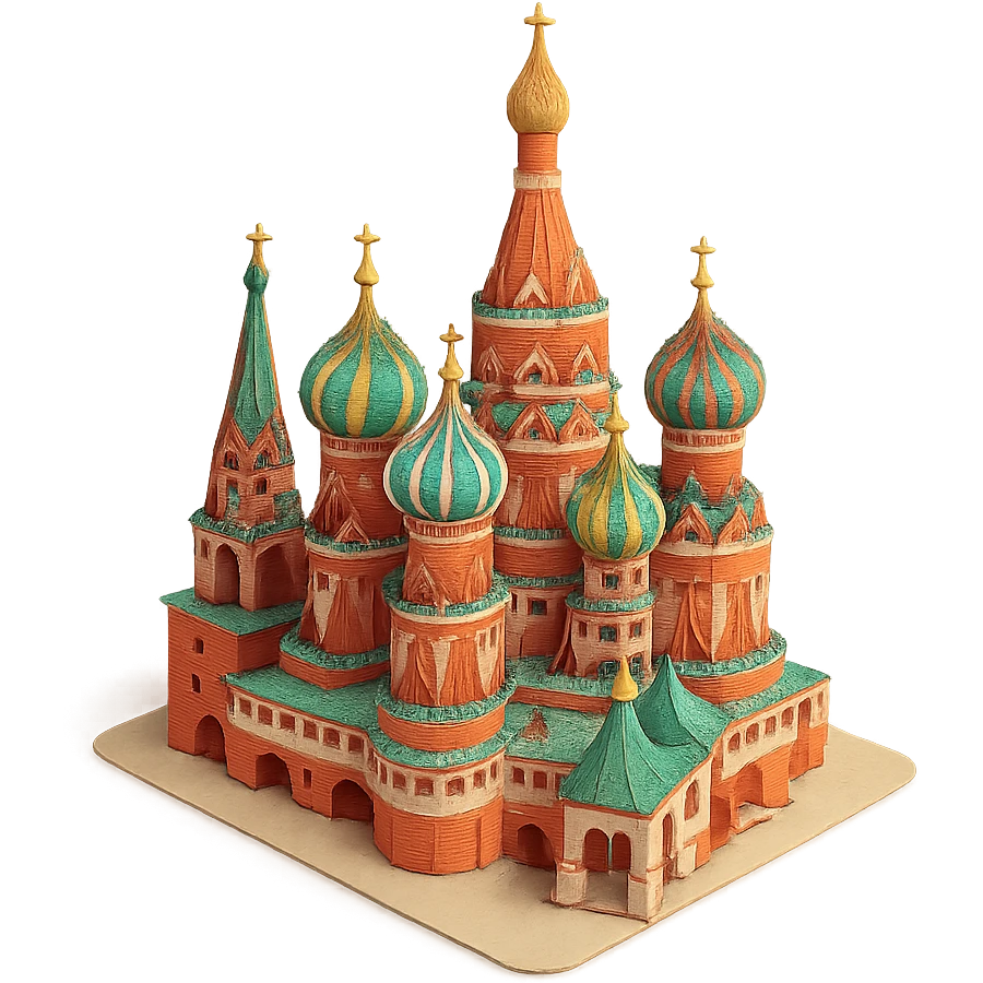 Isometric illustration of Moscow, featuring photorealistic Saint Basil's Cathedral with colorful onion domes, transparent background emoji