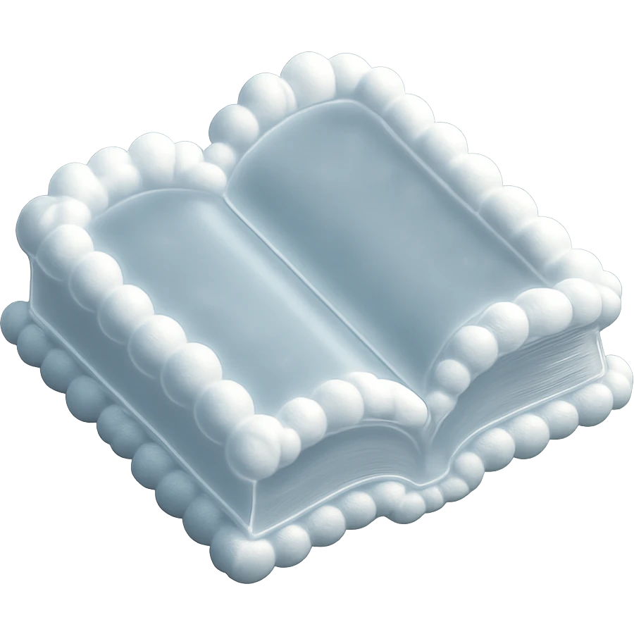 top view of a thick open book made entirely of small, very bright white fluffy convex clouds, matte glass style emoji