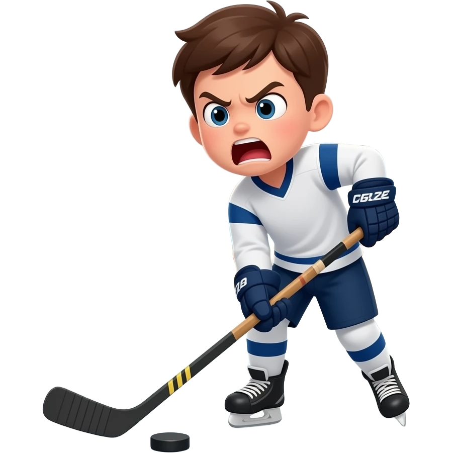 Enfant garçon lance un bâton de hockey par terre, fâché, en criant. Comportement inadéquat à l'école emoji