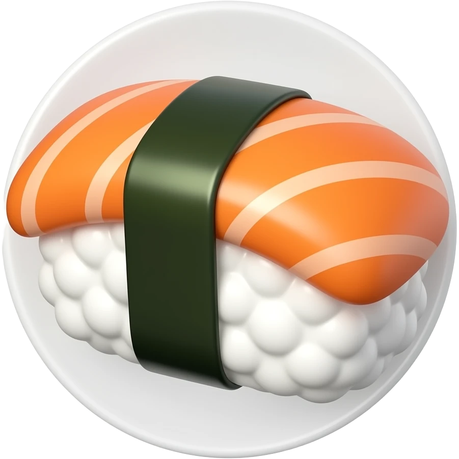 iOS-style emoji sticker of a sushi nigiri, cute minimal 3D glossy design, salmon on rice, centered, white/transparent background, simple clean emoji style, soft shine, no plate or extras. emoji