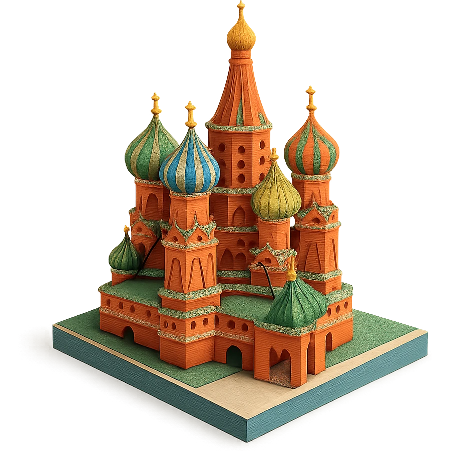 Isometric illustration of Moscow, featuring photorealistic Saint Basil's Cathedral with colorful onion domes, transparent background emoji