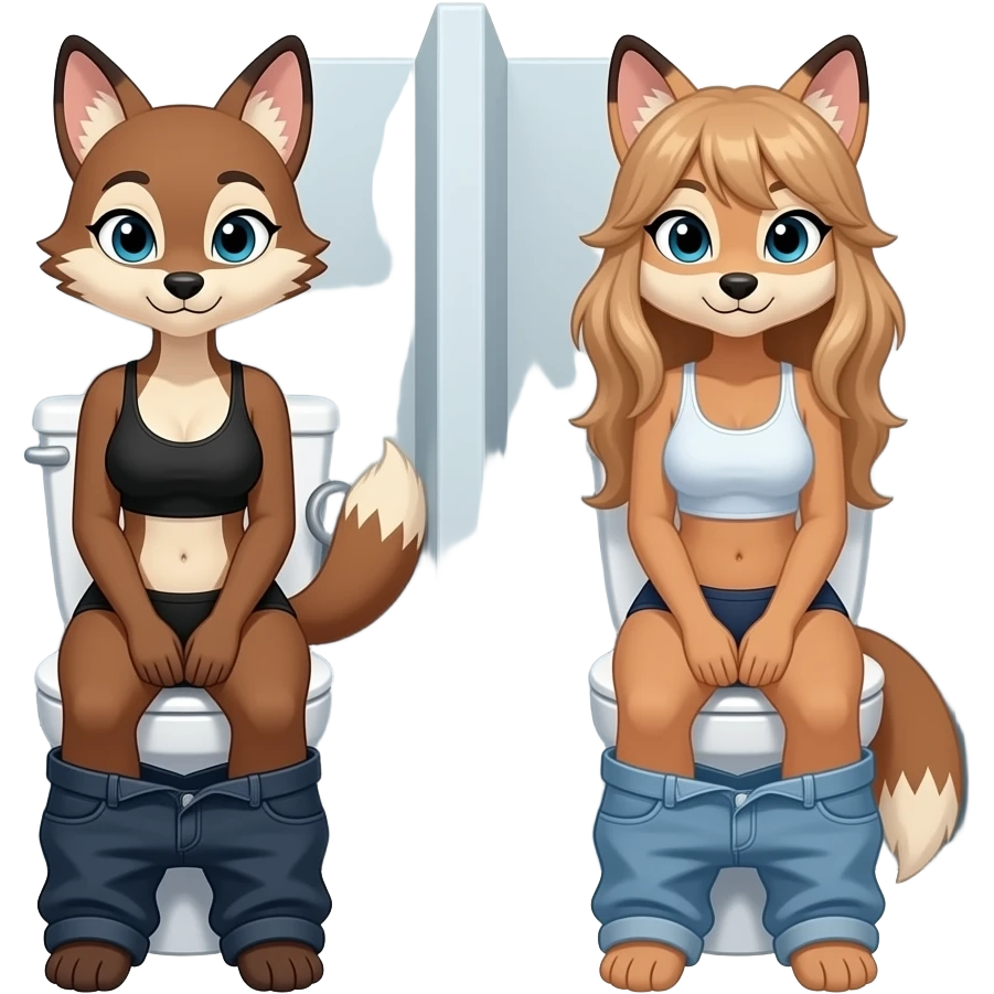 2 Female coyote furry woman person sitting on toilet pants down,in one closed stall room each,front view,fursona emoji