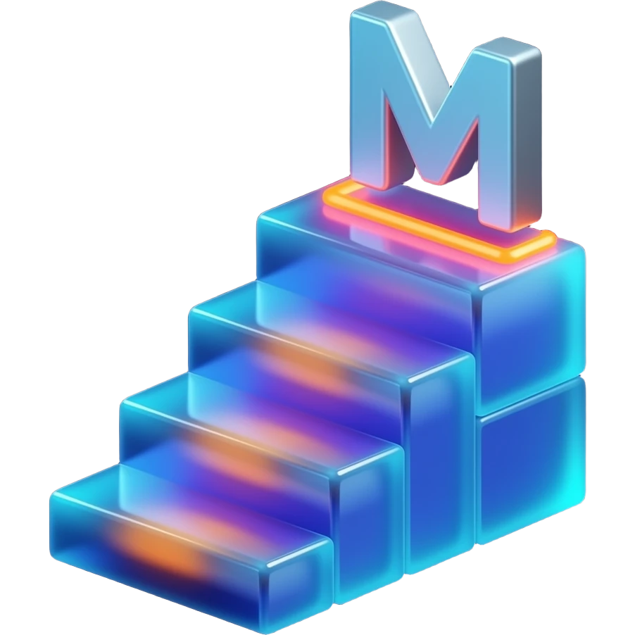 Minimalist 3D hierarchy stairs made of glowing blue, fiolett, orange blocks. Above the highest step is a sleek letter "M" with a bright red glowing underline. Dark background, premium brand identity style. emoji