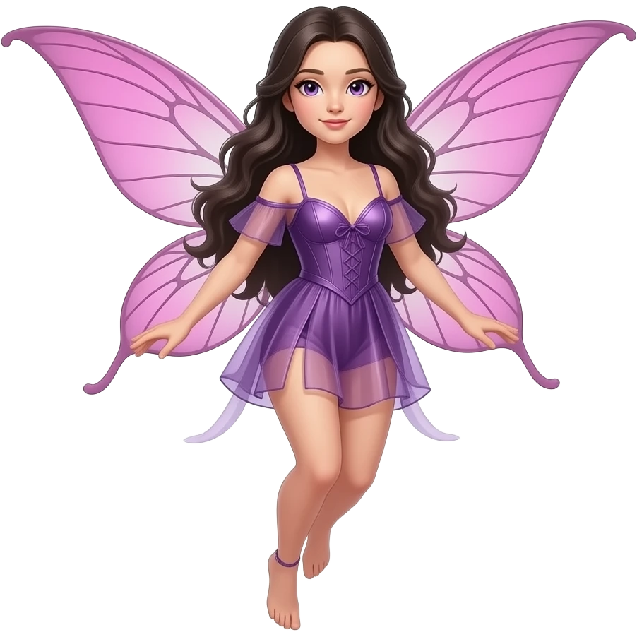 A beautiful faerie with pink wings, long dark hair, purple eyes, in a short see-through purple outfit. Highly detailed, realistic, (full body) hovering in the air emoji