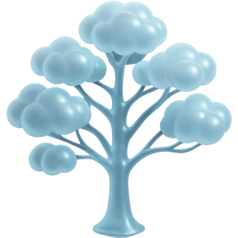 one tree with many branches and a white trunk, crown made of small very bright white fluffy convex clouds, matte glass style emoji