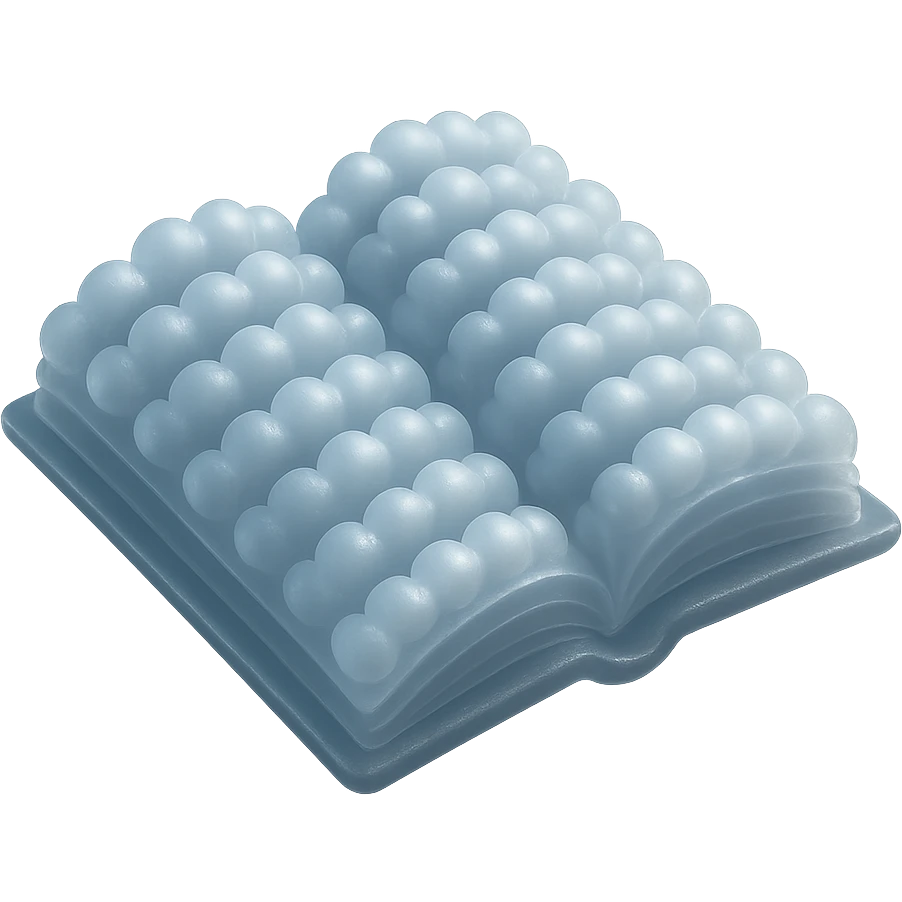 top view of a thick open book made entirely of small, very bright white fluffy convex clouds, matte glass style emoji