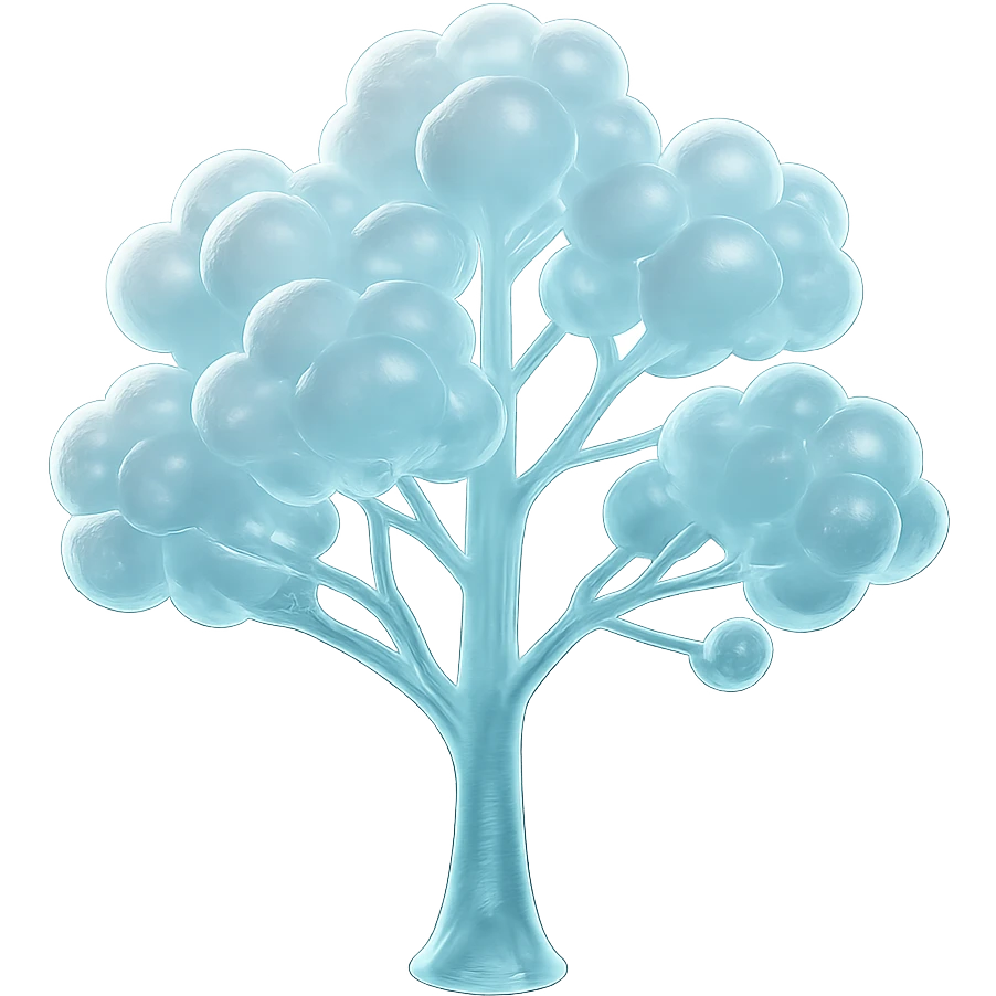 one tree with many branches and a white trunk, crown made of small very bright white fluffy convex clouds, matte glass style emoji