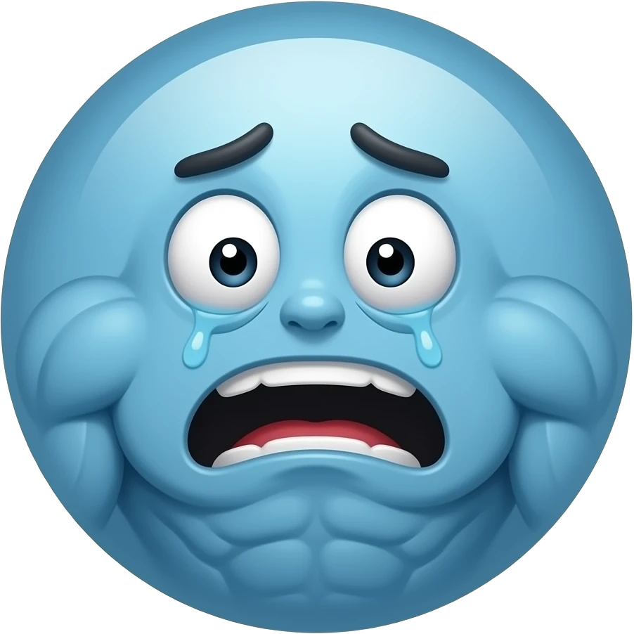 make an unhinged blue circle with a face, really really traumatized, with a scared expression with tens muscles and the expressive line really exagerated emoji