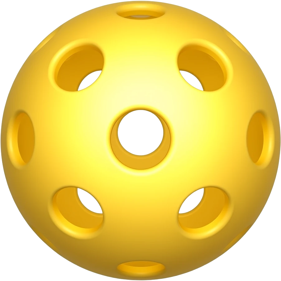yellow pickleball with many holes, directly lighted with spot light from the camera and rotated to perfectly center its hole and light into the camera emoji