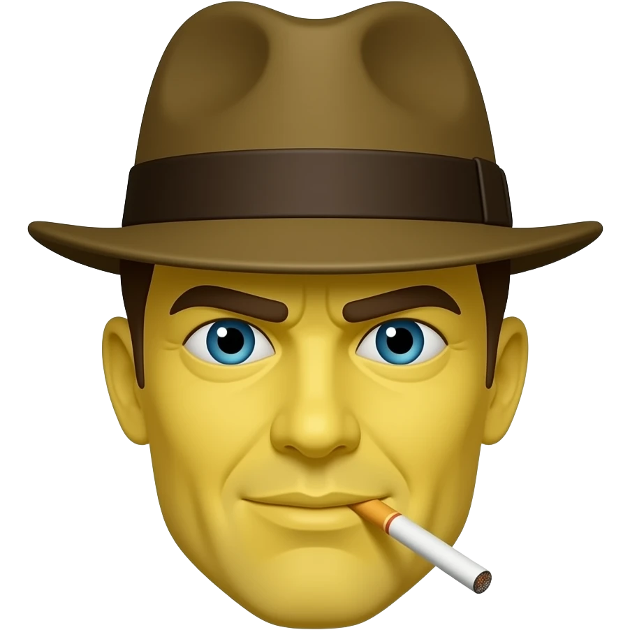 A basic yellow emoji wearing a fedora and smoking a cigarette emoji