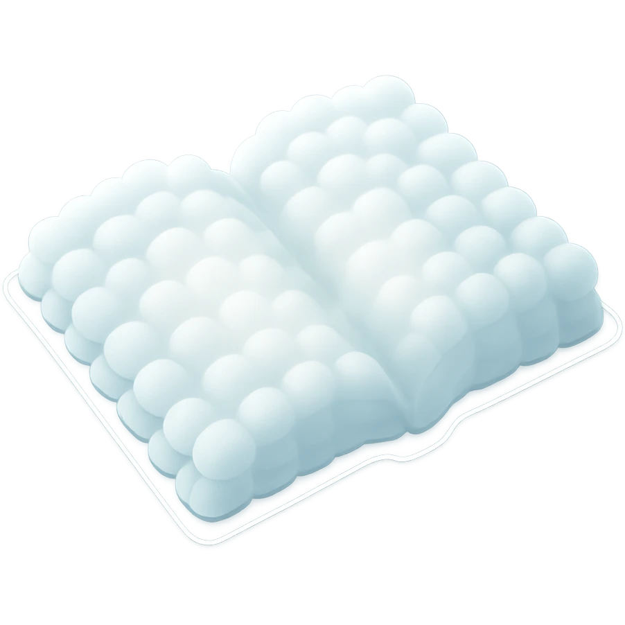top view of a thick open book made entirely of small, very bright white fluffy convex clouds, matte glass style emoji