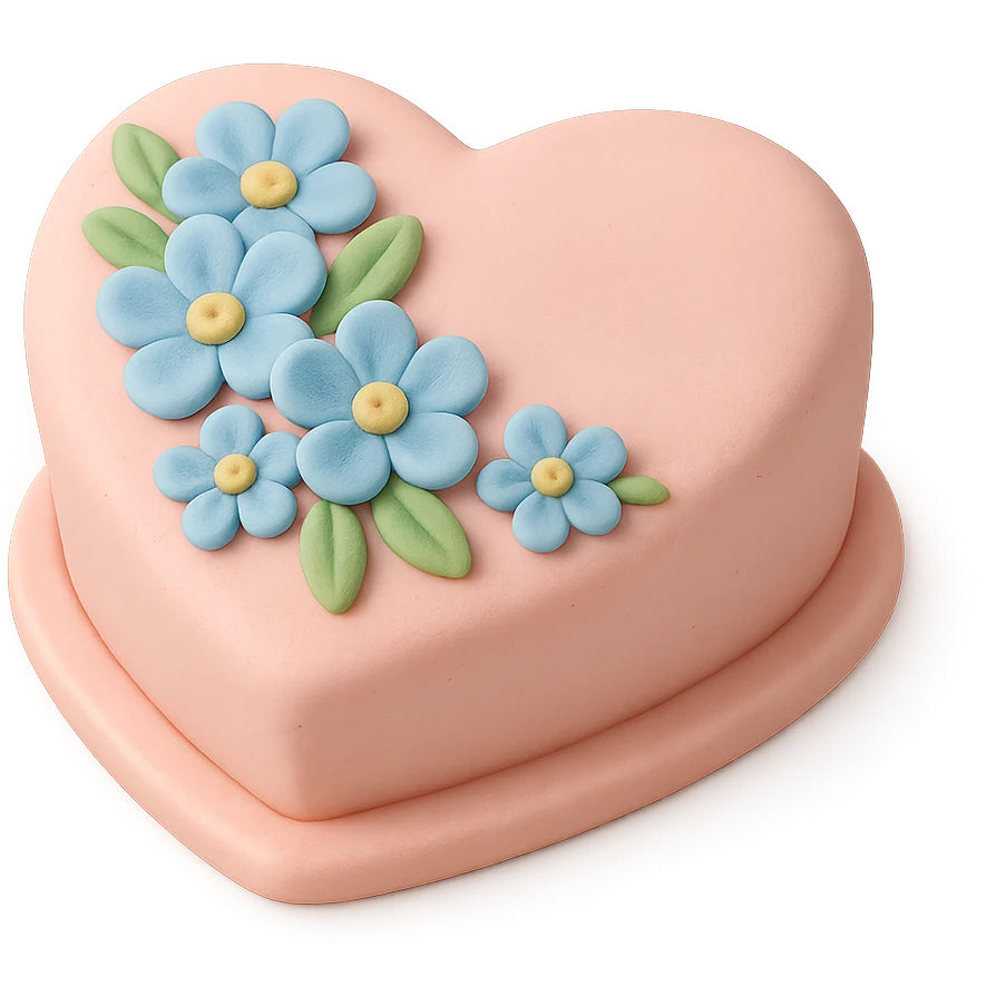 heart-shaped fondant cake with blue flowers emoji