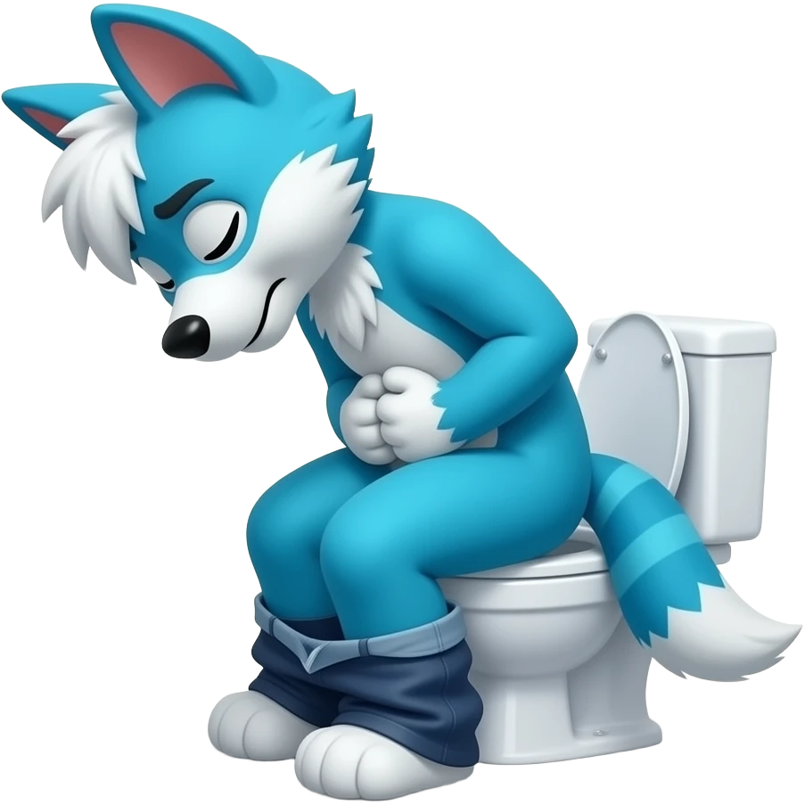 blue fursuit sitting on toilet in a bathroom, side view, pants down, sitting on toilet, side view, pants down, straining,  eyes closed, pushing, squeezing, hands on stomach emoji