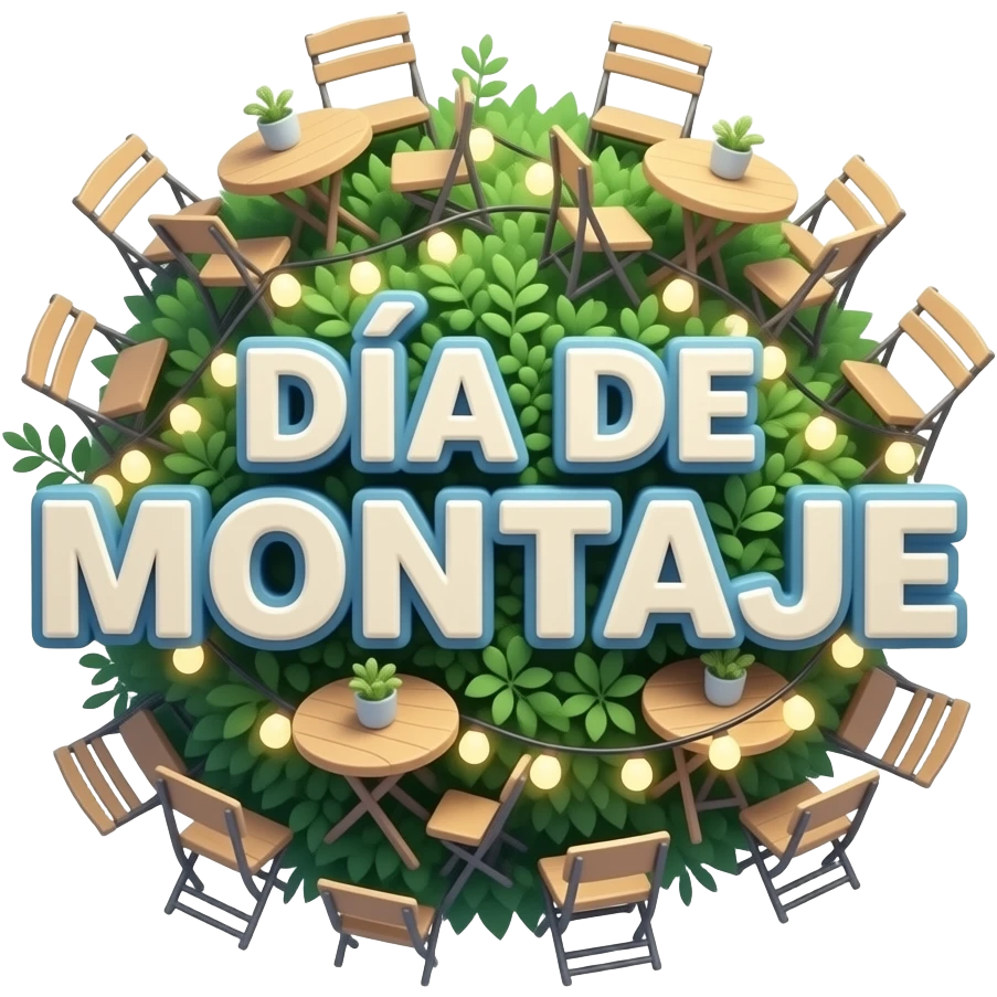 3D emoji of floating “DÍA DE MONTAJE” lettering in ivory with dusty ...