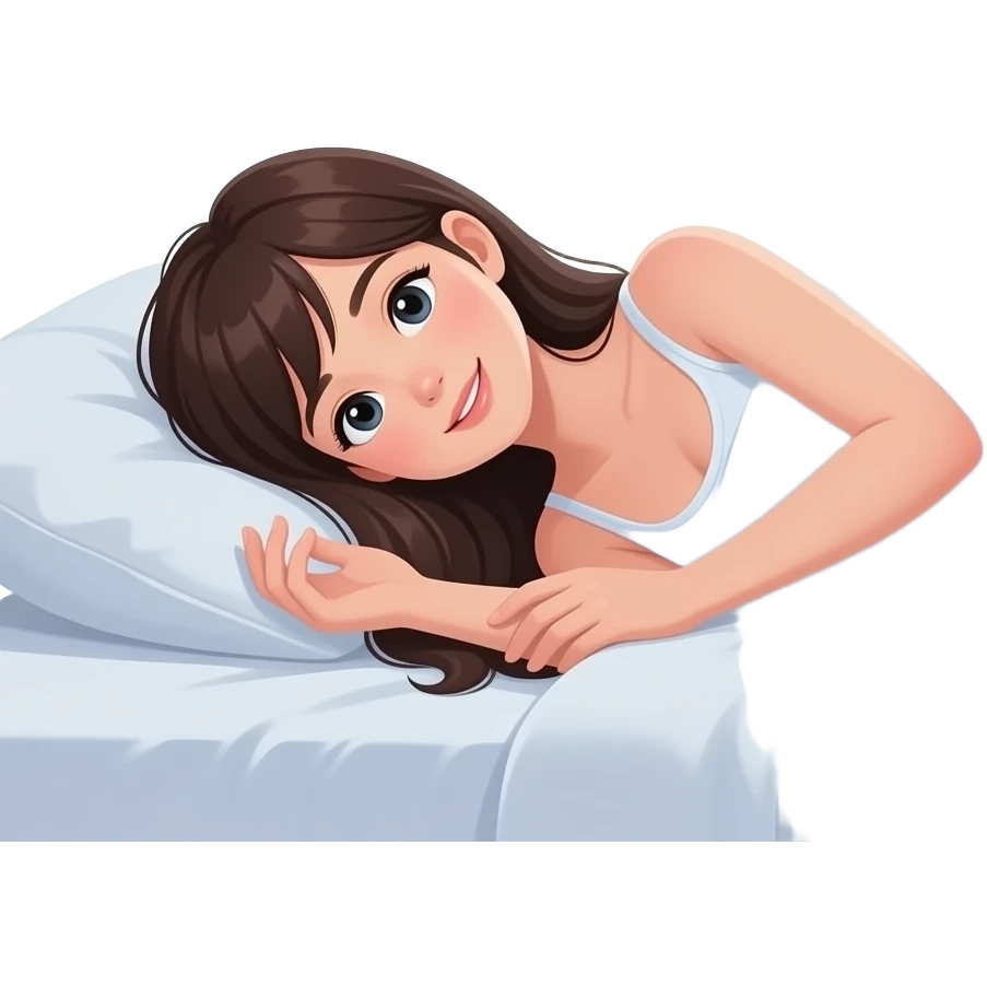 teen girl long hair, laying on bed, window visible, it is nighttime emoji