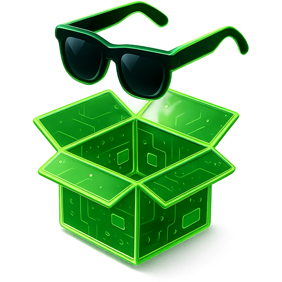 open green neon delivery box with black sunglasses floating above, outlined with bright neon green, minimal background emoji