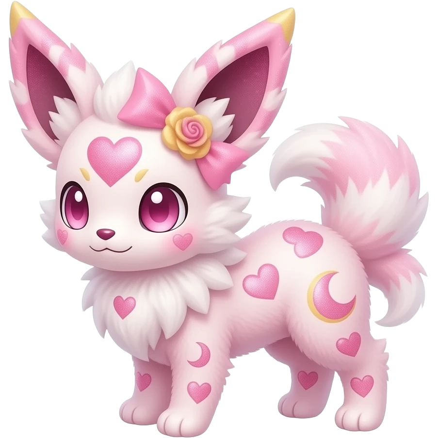 Fuzzy cozy aesthetic Rosy beautiful gorgeous pretty Petite shiny glossy sparkly romantic pastel damask Absol-Sylveon-Amaura-Milotic-Espeon-Fakemon-hybrid with heart and moon patterns emoji
