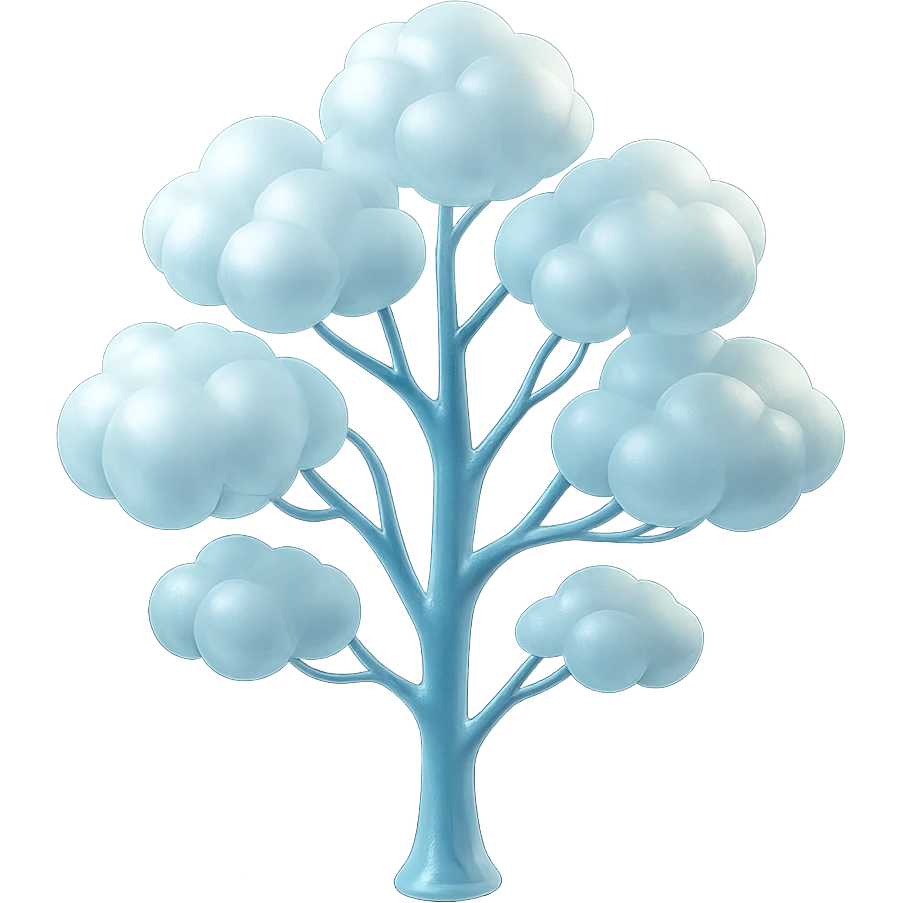 one tree with many branches and a white trunk, crown made of small very bright white fluffy convex clouds, matte glass style emoji
