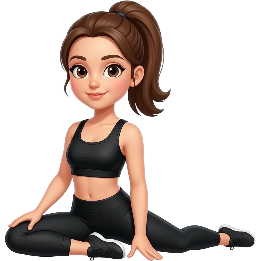 Girl dancers wearing black workout clothes, with brown hair brown eyes and  in ponytail, doing the middle split emoji