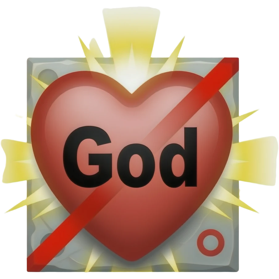 A holy heart with bright light surrounding like it is God. With God in black font on the heart. Next to the hear have a grey stone tablet with a red circle with a red line going through the circle like it is crossing it out. Make both of those in the brightest light surrounding both of them. emoji