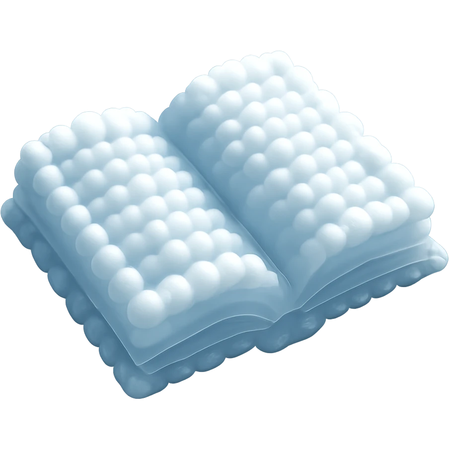top view of a thick open book made entirely of small, very bright white fluffy convex clouds, matte glass style emoji