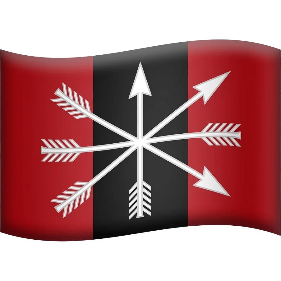 Bandera con 3 líneas verticales roja, negra y roja con un yugo y 5 flechas en la banda central de color rojo emoji