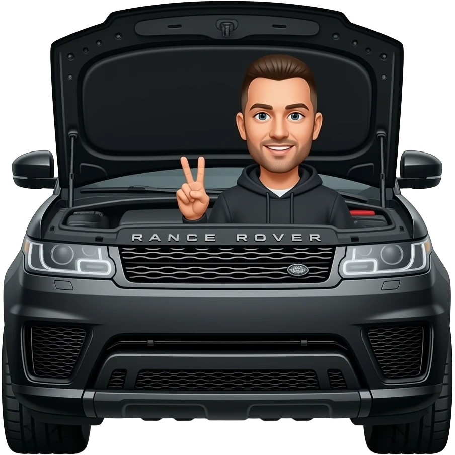 Black Range Rover svr hood open with driver holding peace sign and smiling with a buzz cut haircut and hoodie emoji