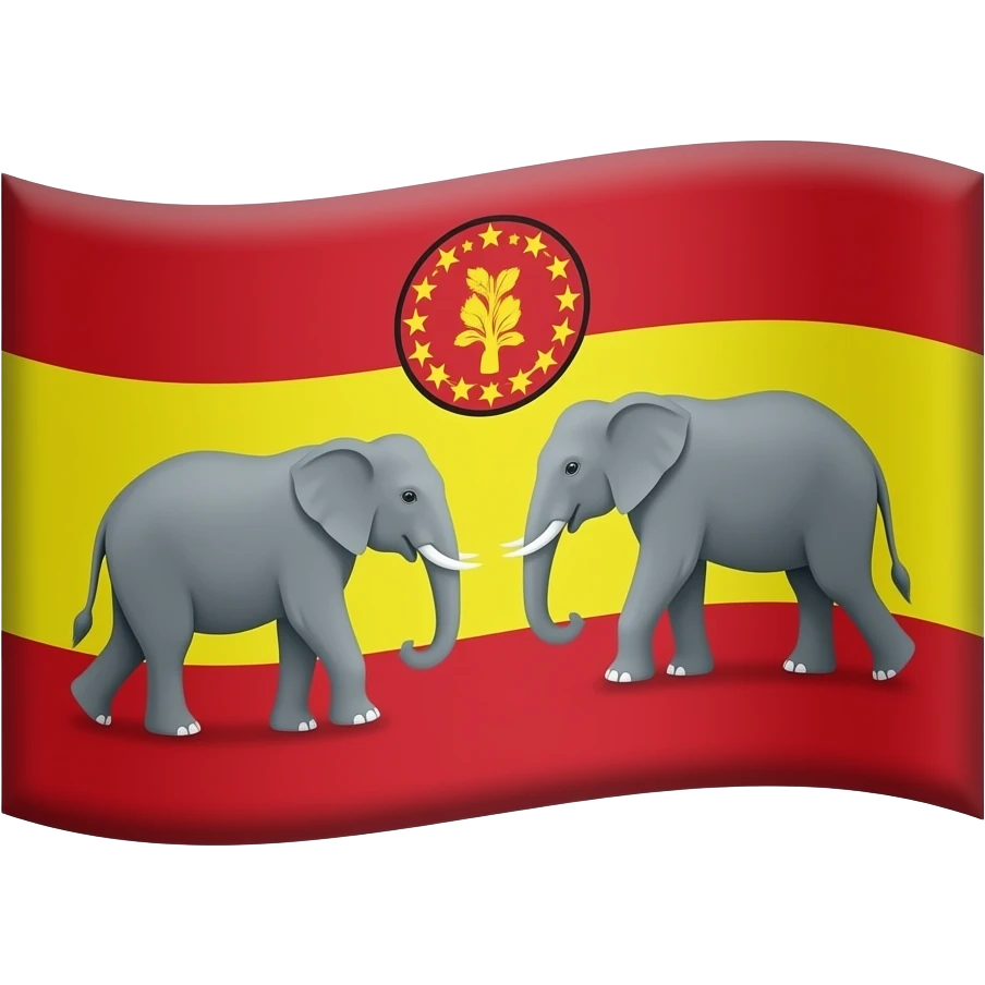 "A waving flag emoji with horizontal stripes of red, yellow, and red. In the center yellow band, two grey elephants face a red circular crest featuring a ring of gold stars and a red floral emblem." emoji