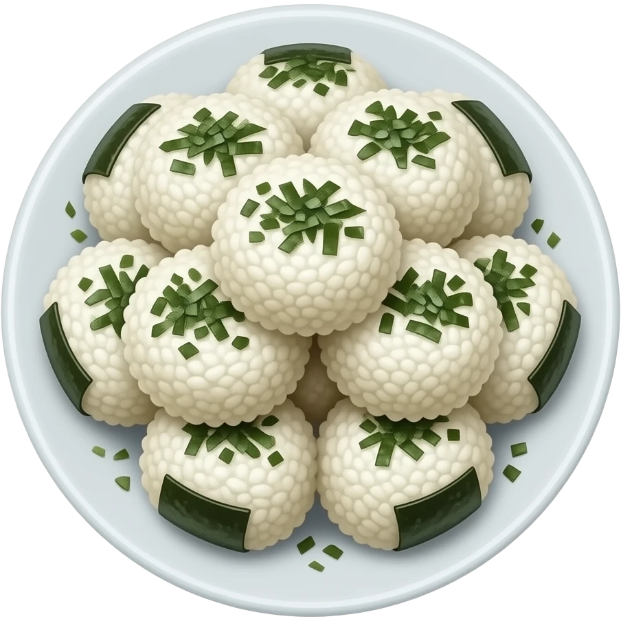 many perfect round type riceballs(not onigri) covered in shredded seaweed flakes on dish emoji